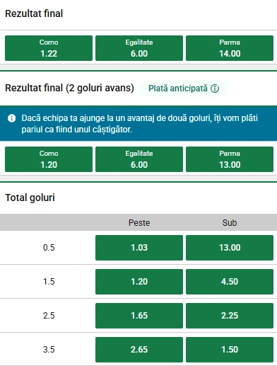 Cote pariuri Como vs Parma la Unibet