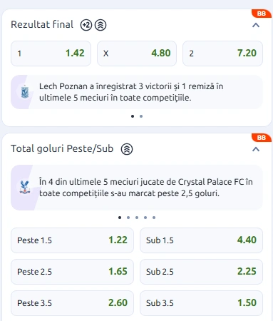 Cote pariuri Crystal Palace vs Lech Poznan la Betano