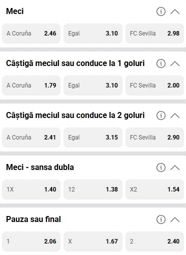 Cote pariuri Deportivo La Coruna vs Sevilla la Fortuna
