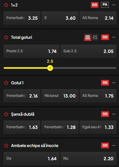 Cote pariuri Fenerbahce vs AS Roma la TopBet