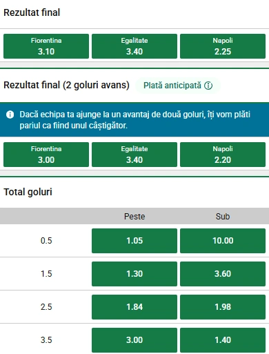 Cote pariuri Fiorentina vs Napoli la Unibet