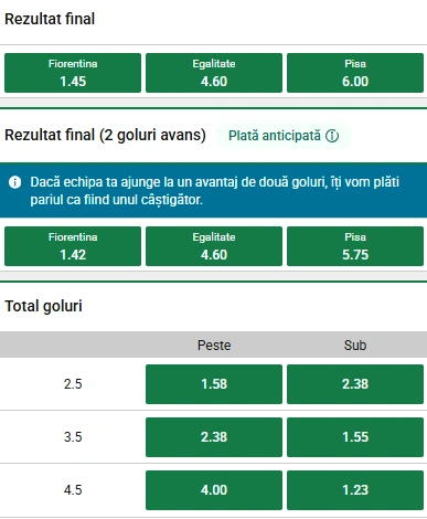 Cote pariuri Fiorentina vs Pisa la Unibet