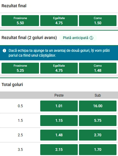 Cote pariuri Frosinone vs Como la Unibet