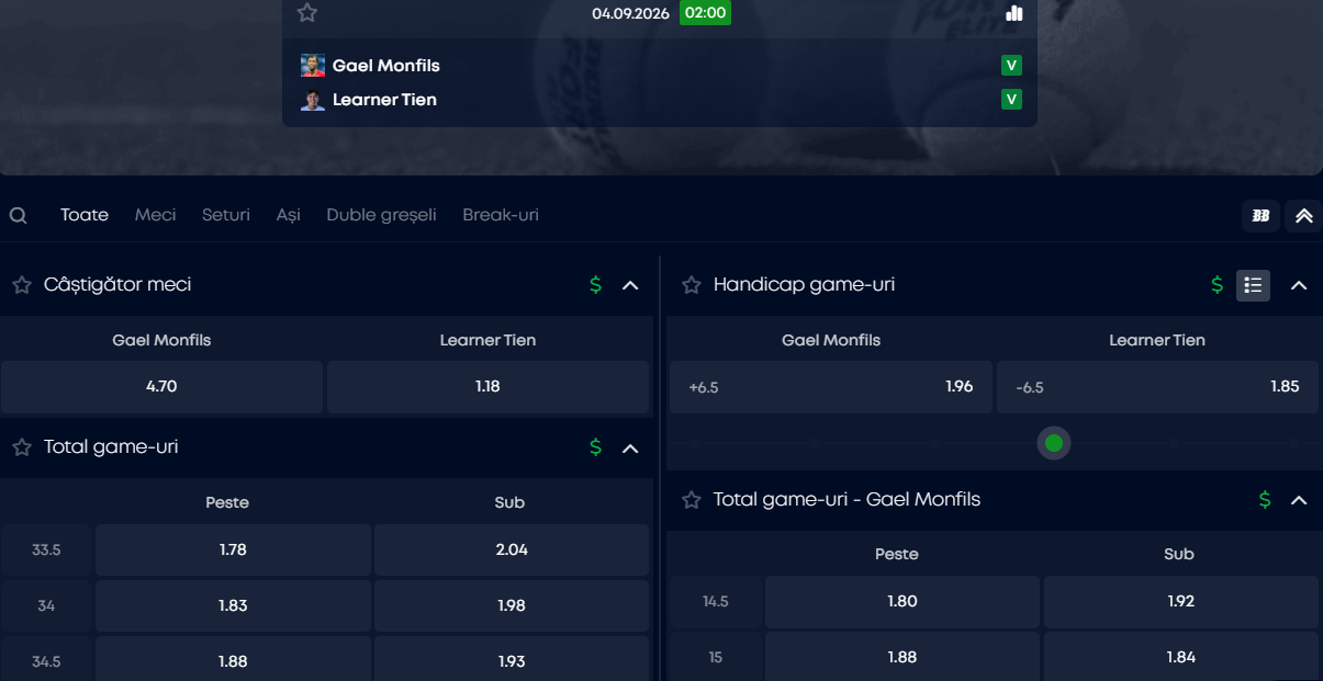 Cote pariuri Gael Monfils vs Learner Tien