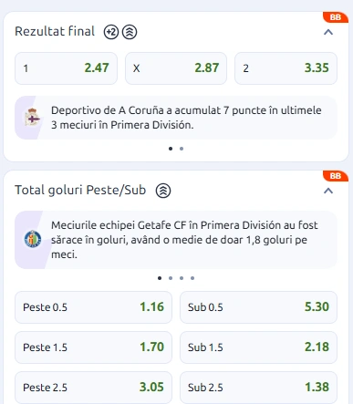 Cote pariuri Getafe vs Deportivo La Coruna la Betano