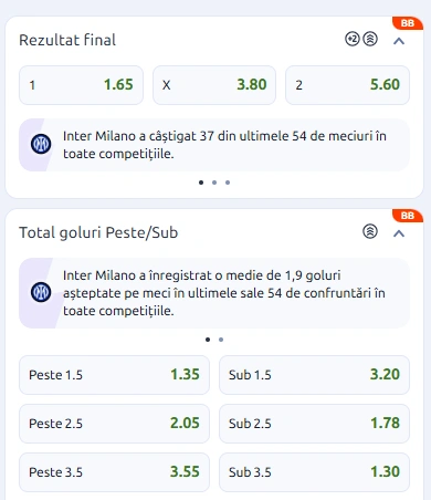 Cote pariuri Inter Milan vs Napoli la Betano