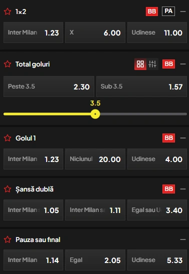 Cote pariuri Inter Milan vs Udinese la TopBet