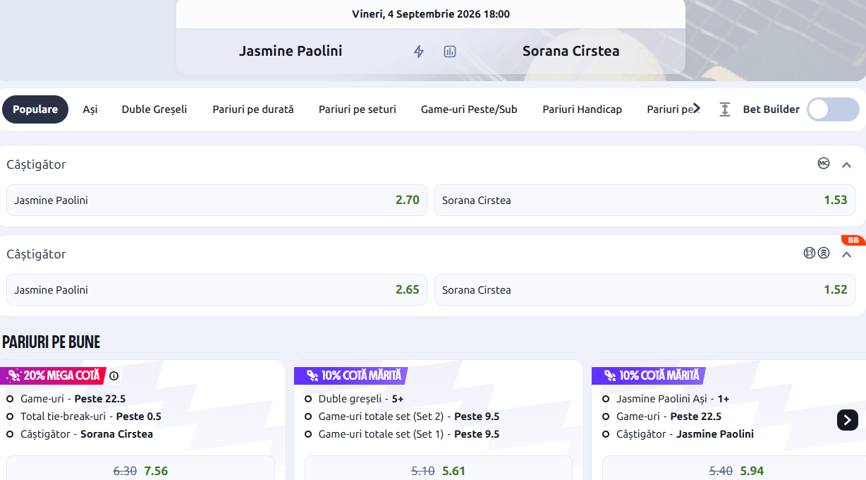 Cote pariuri Jasmine Paolini vs Sorana Cîrstea