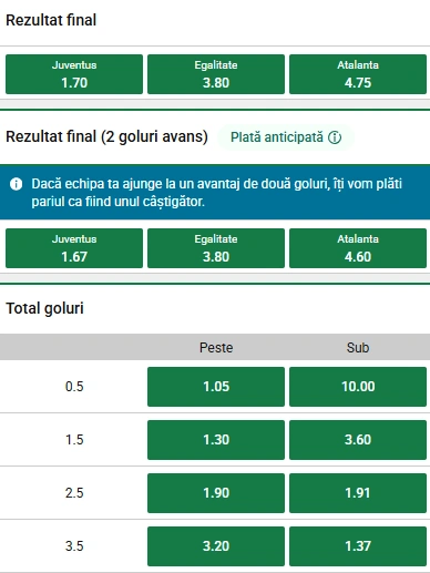 Cote pariuri Juventus vs Atalanta la Unibet