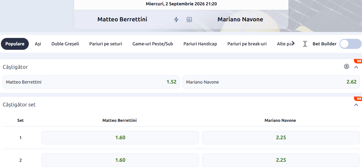 Cote pariuri Matteo Berrettini vs Mariano Navone