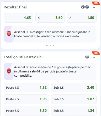 Cote pariuri Napoli vs Arsenal la Betano