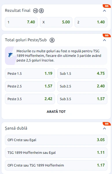 Cote pariuri OFI Crete vs Hoffenheim la Betano