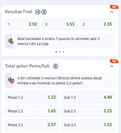 Cote pariuri Real Sociedad vs Atletico Madrid la Betano