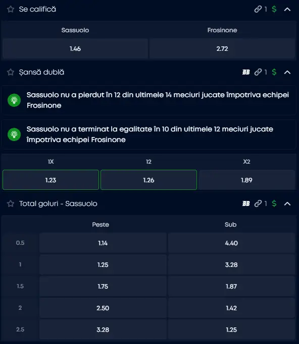 Cote pariuri Sassuolo vs Frosinone la VictoryBet