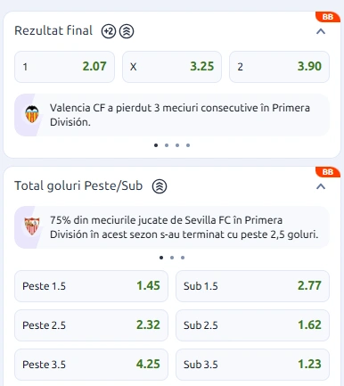 Cote pariuri Sevilla vs Valencia la Betano