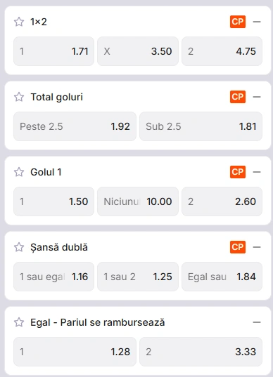 Cote pariuri Steaua Bucuresti vs Cetatea Suceava la Zinx