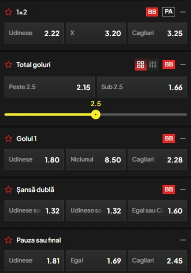 Cote pariuri Udinese vs Cagliari la TopBet