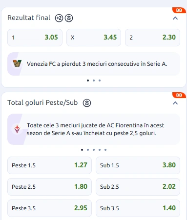 Cote pariuri Venezia vs Fiorentina la Betano