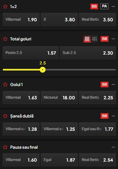 Cote pariuri Villarreal vs Real Betis la TopBet