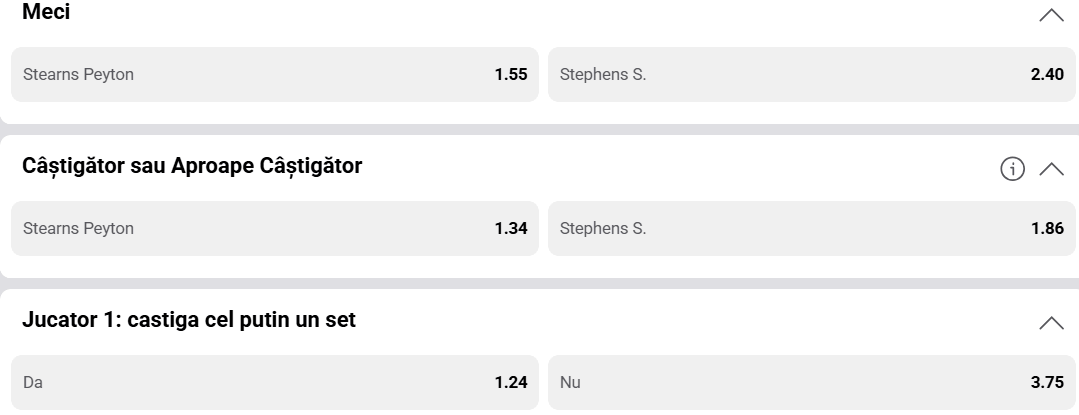 Cote pariuri la Fortuna  Peyton Stearns vs Sloane Stephens, duel deschis oricărui rezultat în faza sferturilor de finală a turneului de la Guadalajara Open 2026