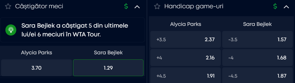 Cote pariuri la VictoryBet  Alycia Parks vs Sara Bejlek, cehoaica are prima șansă în ”optimi” la Guadalajara Open, dar credem că va primi un răspuns pe măsură