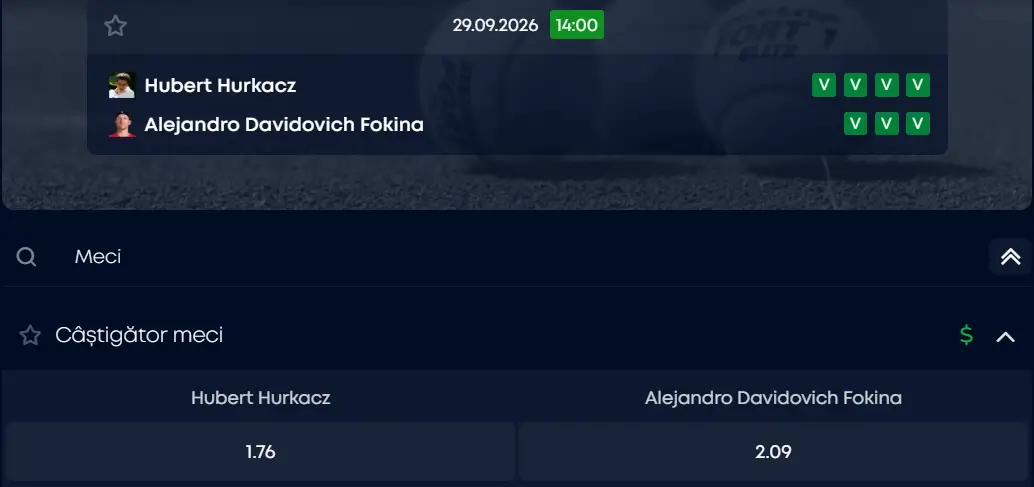 Cote pariuri la VictoryBet  Hubert Hurkacz vs Alejandro Davidovich Fokina, se anticipează o finală echilibrată, cu ”over” la game-uri, la Chengdu Open 2026