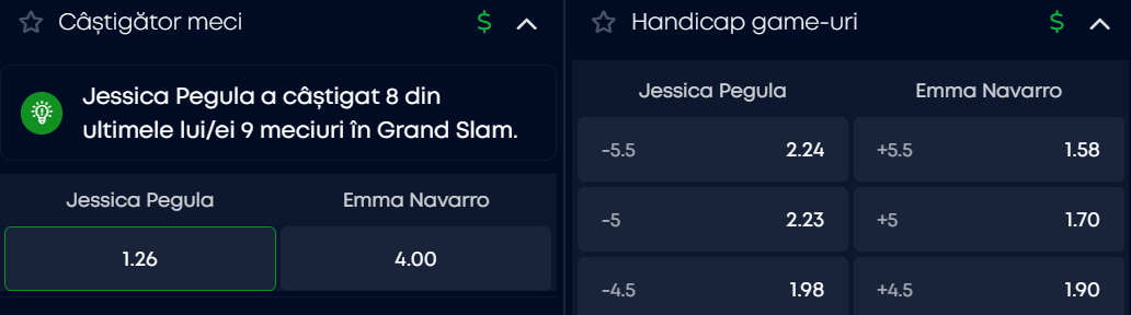 Cote pariuri la VictoryBet  Jessica Pegula vs Emma Navarro, se anticipează un nou meci direct echilibrat între aceste două combatante și la US Open 2026