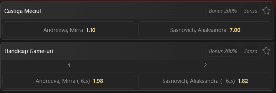 Cote pariuri la WinBet  Mirra Andreeva vs Aliaksandra Sasnovich, rusoaica pornește din postura de mare favorită în sala de la Singapore Open 2026