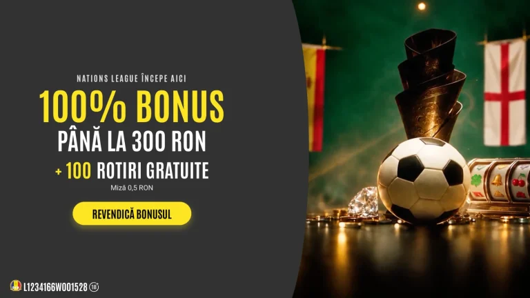 Obține 100% până la 300 RON Bonus + 100 Rotiri Gratuite pe 0,50 RON miza