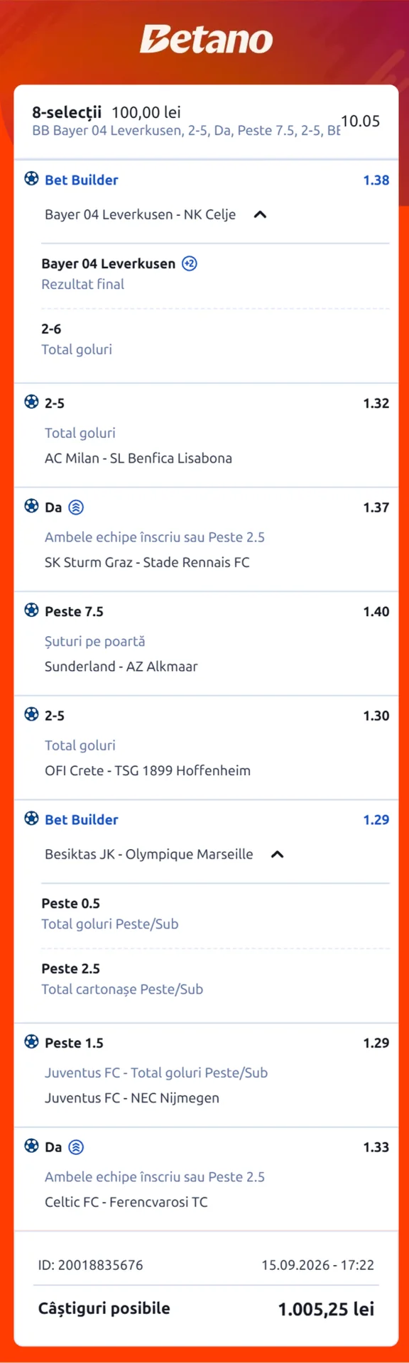 Biletul primei etape din Europa League 16.09.2026