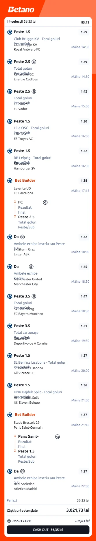 Biletul zilei din fotbal la Betano 13 septembrie 2026