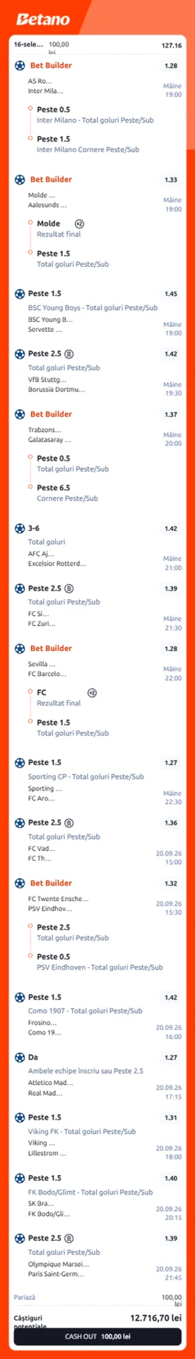 Biletul zilei din fotbal la Betano 19.09.2026
