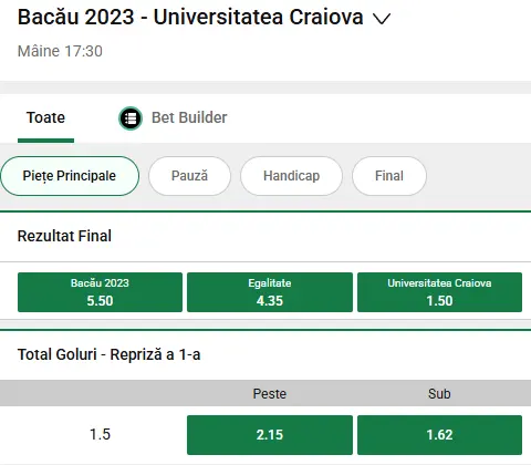 Cote la pariuri în FC Bacău - Universitatea Craiova, oferite de Unibet