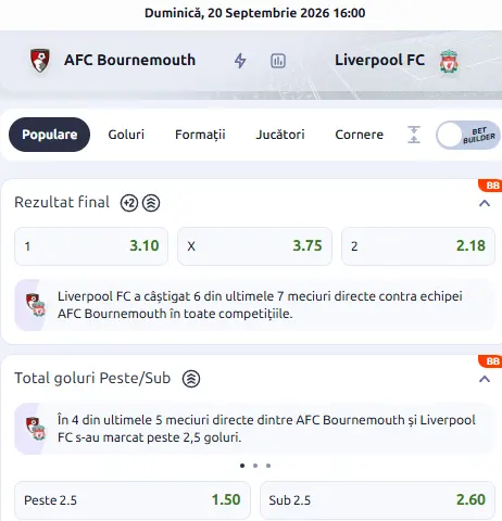 Cote pariuri Bournemouth vs Liverpool