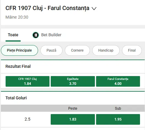 Cote pariuri CFR Cluj vs Farul Constanța la Unibet