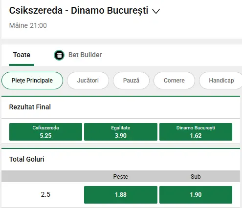 Cote pariuri Csikszereda - Dinamo București oferite de Unibet