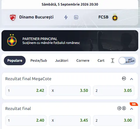 Cote pariuri Dinamo București vs FCSB la Betano