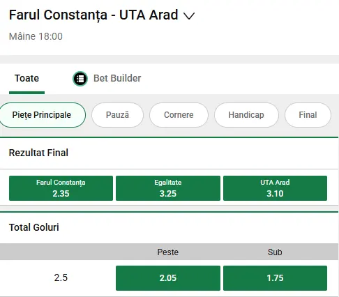 Cote pariuri Farul Constanța vs UTA Arad la Unibet