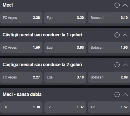 Cote pariuri FC Argeș vs FC Botoșani la Fortuna