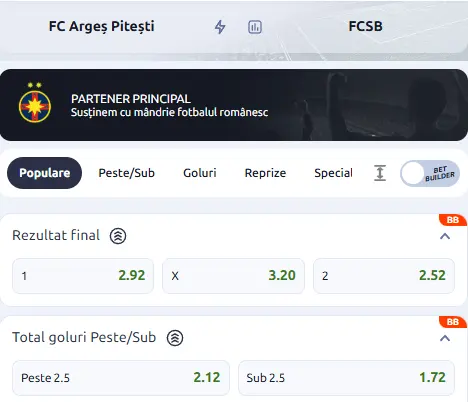 Cote pariuri FC Argeș vs FCSB la Betano