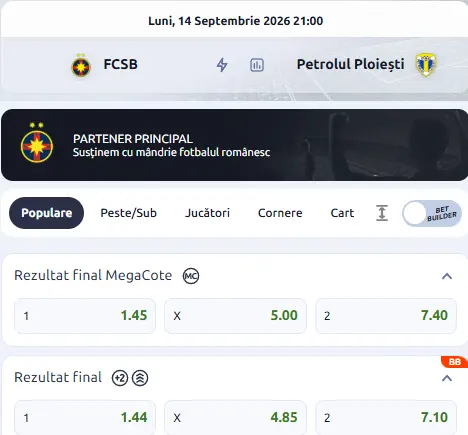 Cote pariuri FCSB - Petrolul Ploiești la Betano