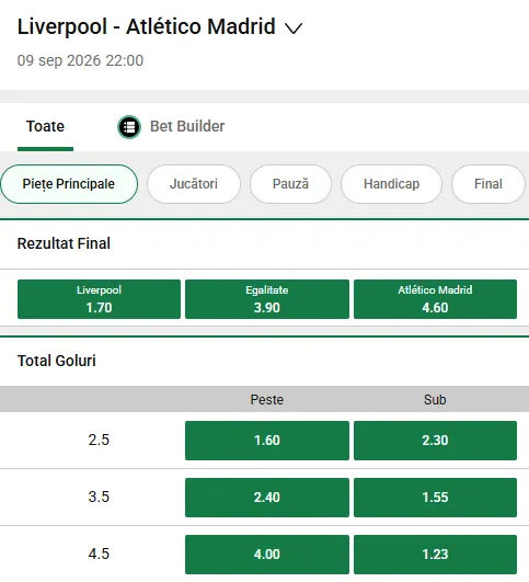 Cote pariuri Liverpool - Atletico Madrid la Unibet