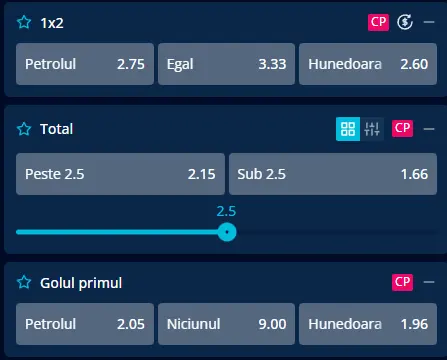 Cote pariuri Petrolul Ploiești - Corvinul Hunedoara la Mr Bit