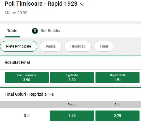 Cote pariuri Poli Timișoara vs Rapid la Unibet