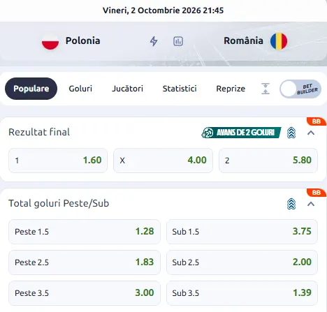 Cote pariuri Polonia vs România la Betano