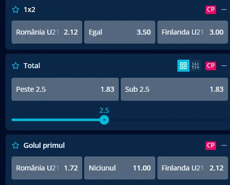 Cote pariuri România U21 - Finlanda U21 la Mr Bit