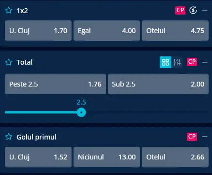 Cote pariuri U Cluj vs Oțelul Galați la Mr Bit