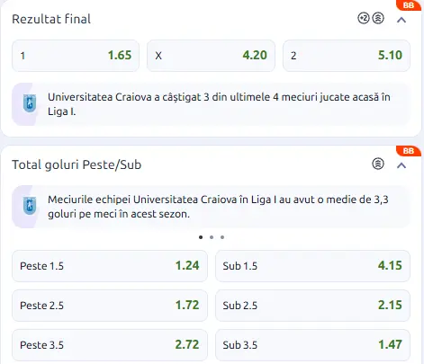 Cote pariuri Universitatea Craiova - U Cluj oferite de Betano