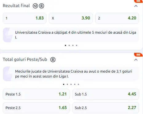 Cote pariuri Universitatea Craiova vs FCSB la Betano
