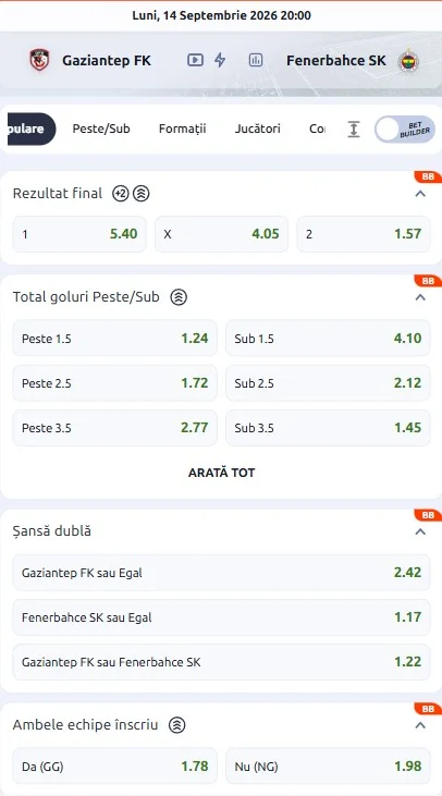 Cote pariuri Gaziantep vs Fenerbahce